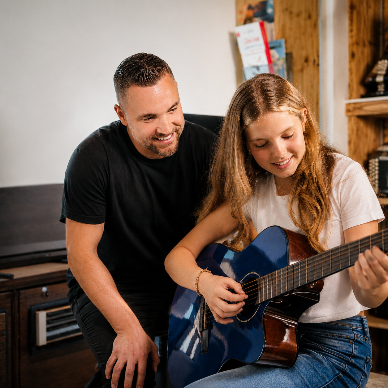 Musiklehrer unterrichtet Schülerin an der Gitarre